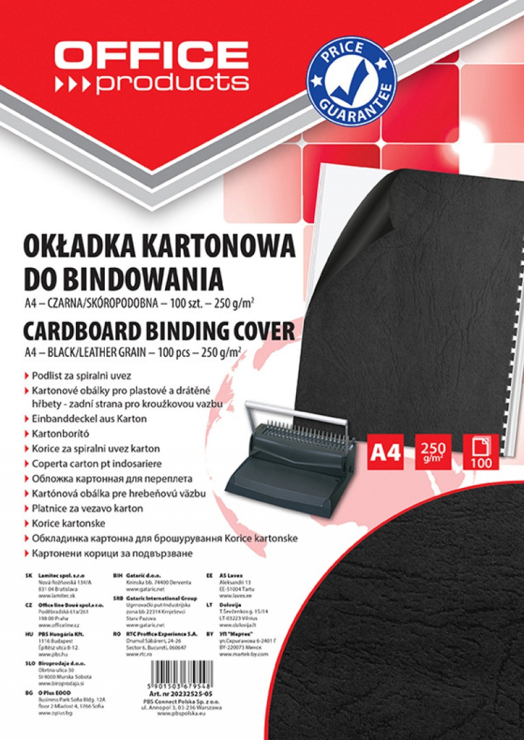 nazwa produktu: Okładki do bindowania OFFICE PRODUCTS, karton, A4, 250gsm, skóropodobne, 100szt., czarne