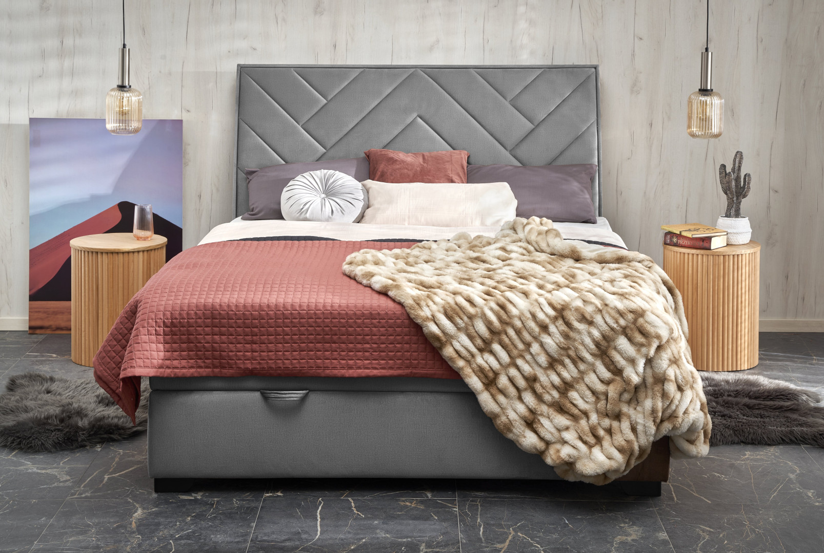 Luksusowe łóżko tapicerowane Continental Popiel Jodełka